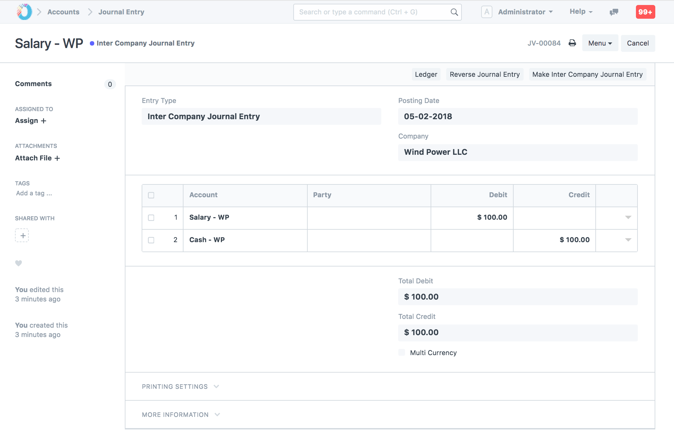 Inter Company Journal Entry