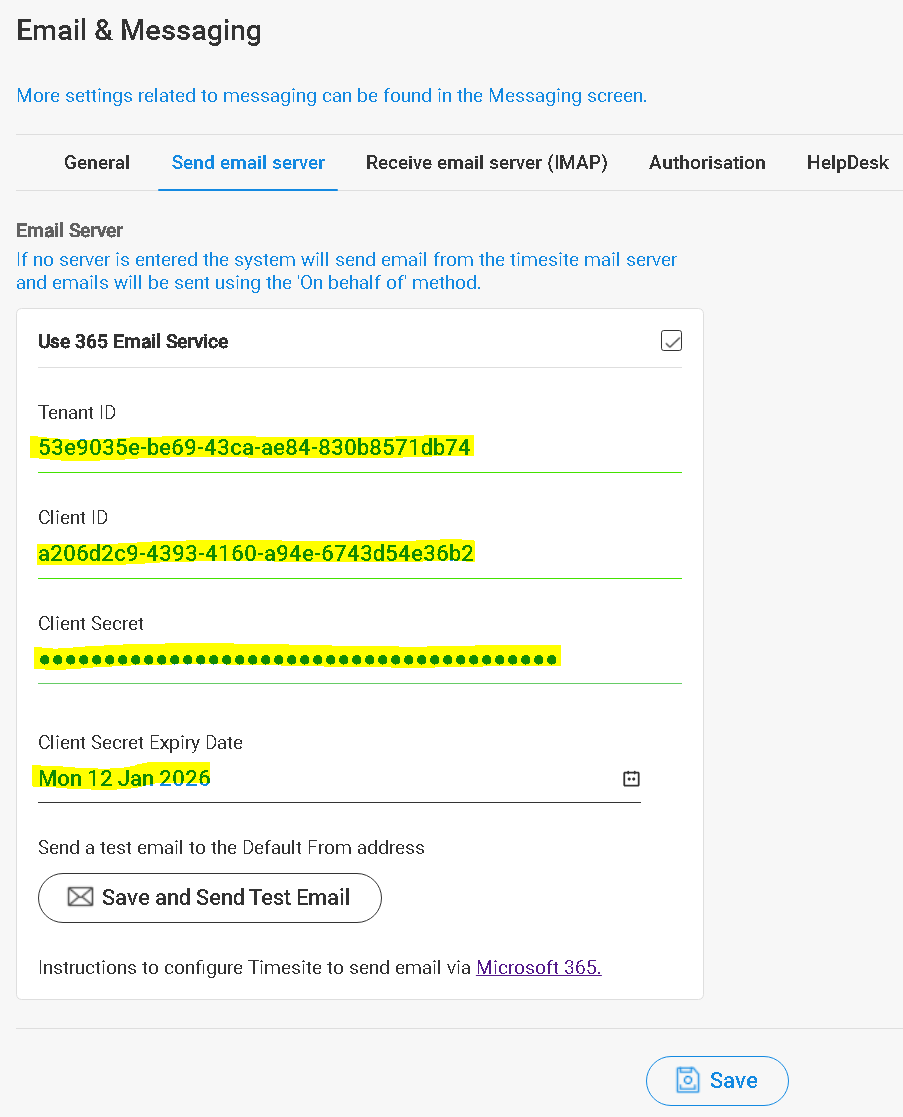 Send Timesite emails via Microsoft 365 TimeSite Pro