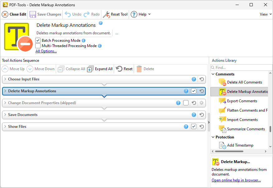Default Tools > Comments Tools > Delete Markup Annotations