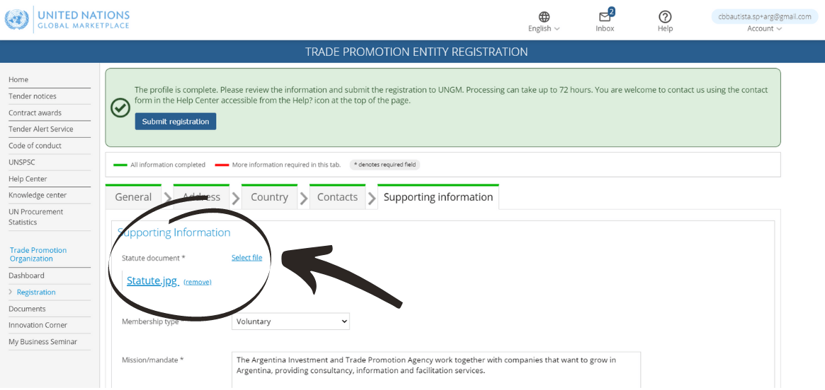 The registration status of my registration on the Trade Promotion