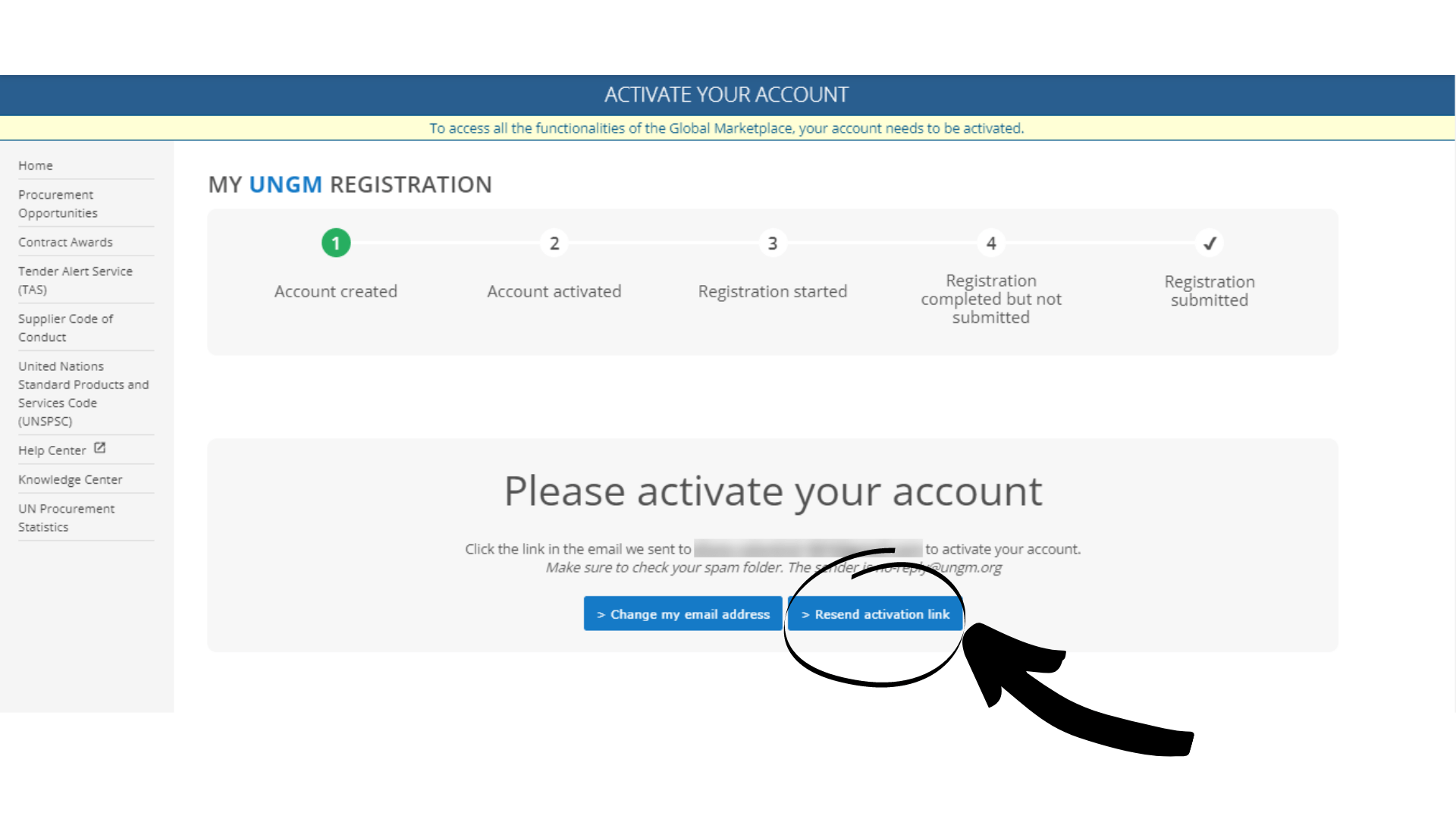 How to resend the activation email if it was not received? UNGM Help