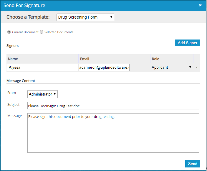 Send a document for signature in DocuSign from the  Viewer