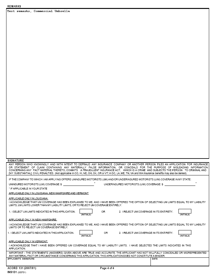 Form Map Commercial UmbrellaUmbrella/Excess Section (ACORD 131)