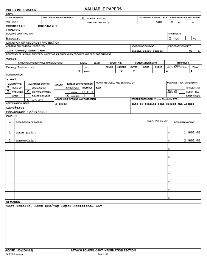 Form Field Map Accounts Receivable/Valuable Papers (ACORD 145)