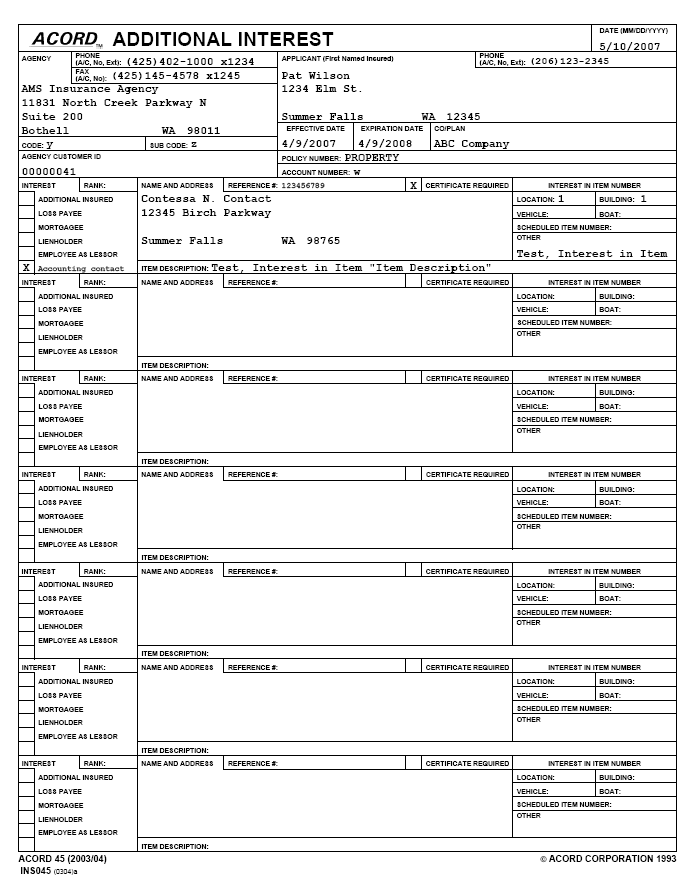 Form Map Commercial PropertyAdditional Interest (ACORD 45)