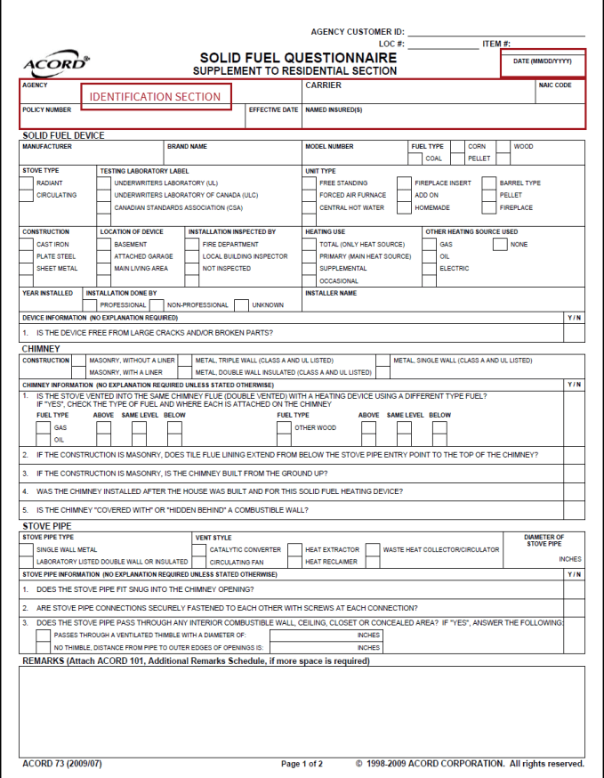 ACORD 73 2009/07 Solid Fuel Questionnaire Personal Property