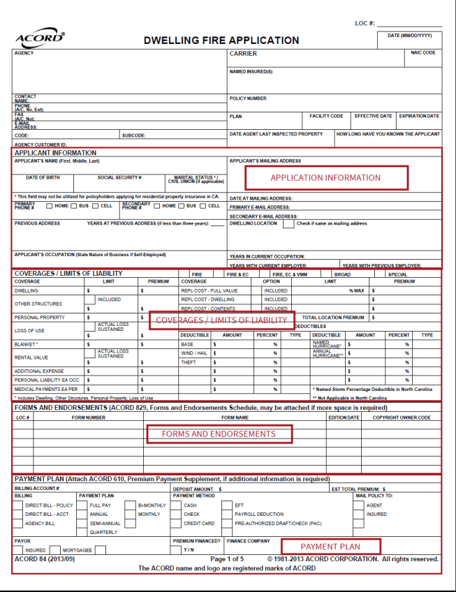 ACORD 84 2013/09 Dwelling Fire Application Form