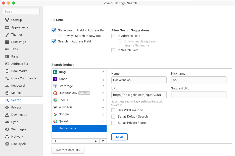 Search Settings in Vivaldi Vivaldi Browser Help