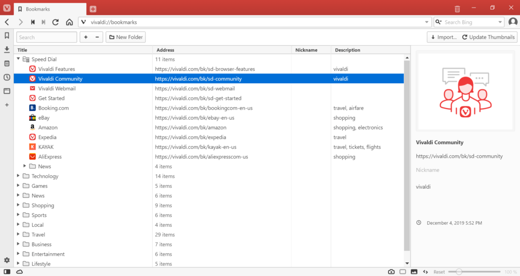 Vivaldi Browser Help Bookmark Manager