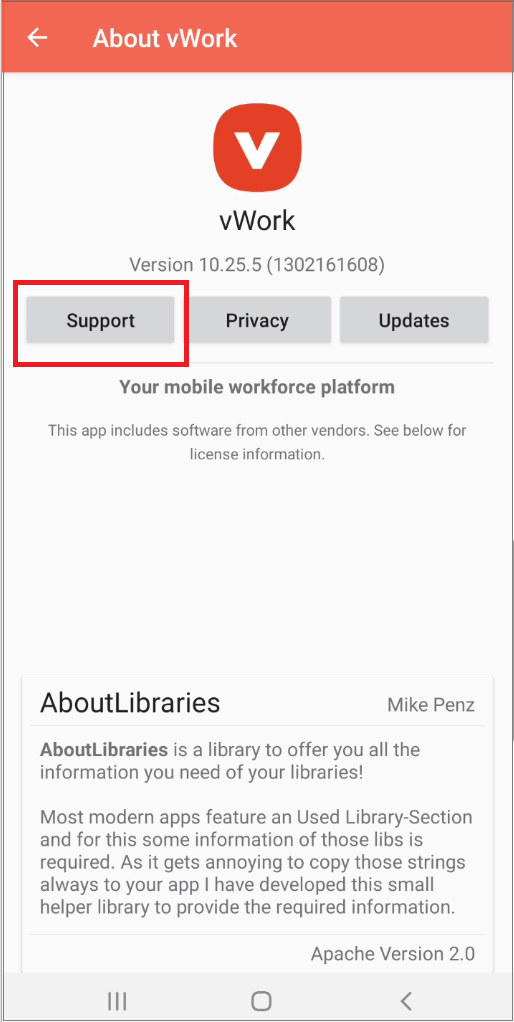 Android send a vWork support request from your vWork mobile app
