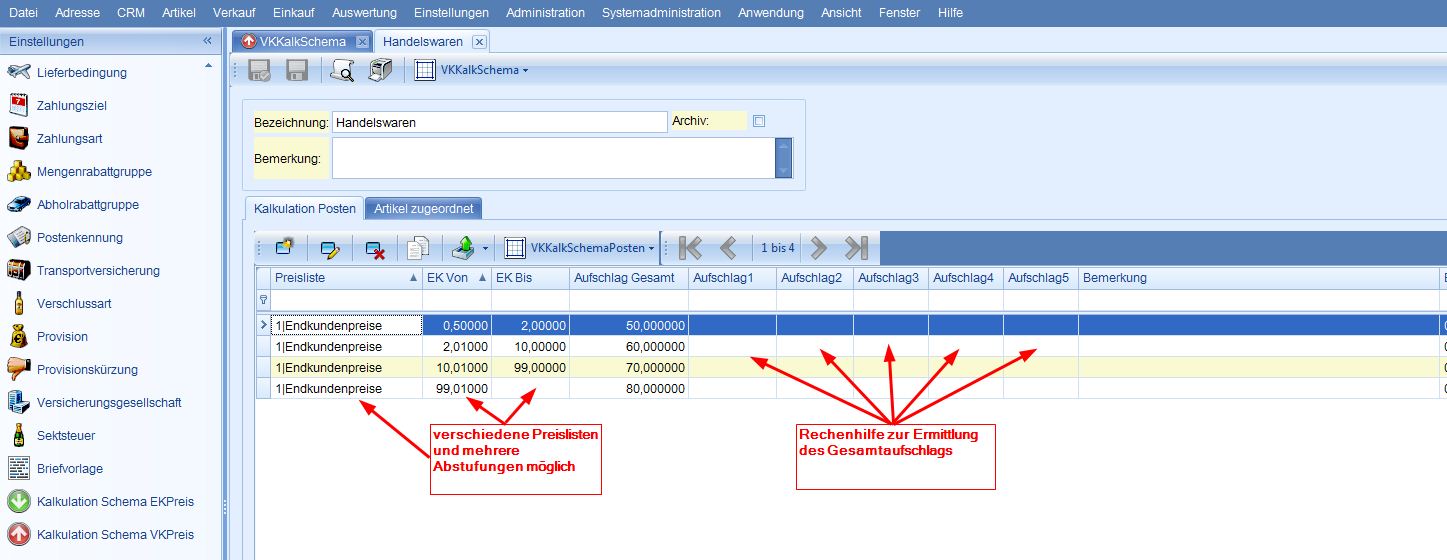 Warenwirtschaft > Sonderfunktionen > Preiskalkulation