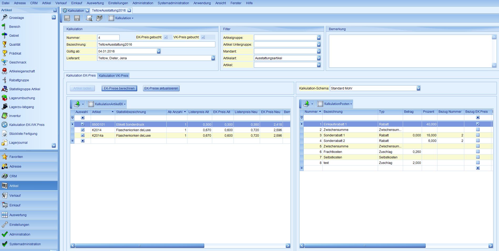 Warenwirtschaft > Sonderfunktionen > Preiskalkulation