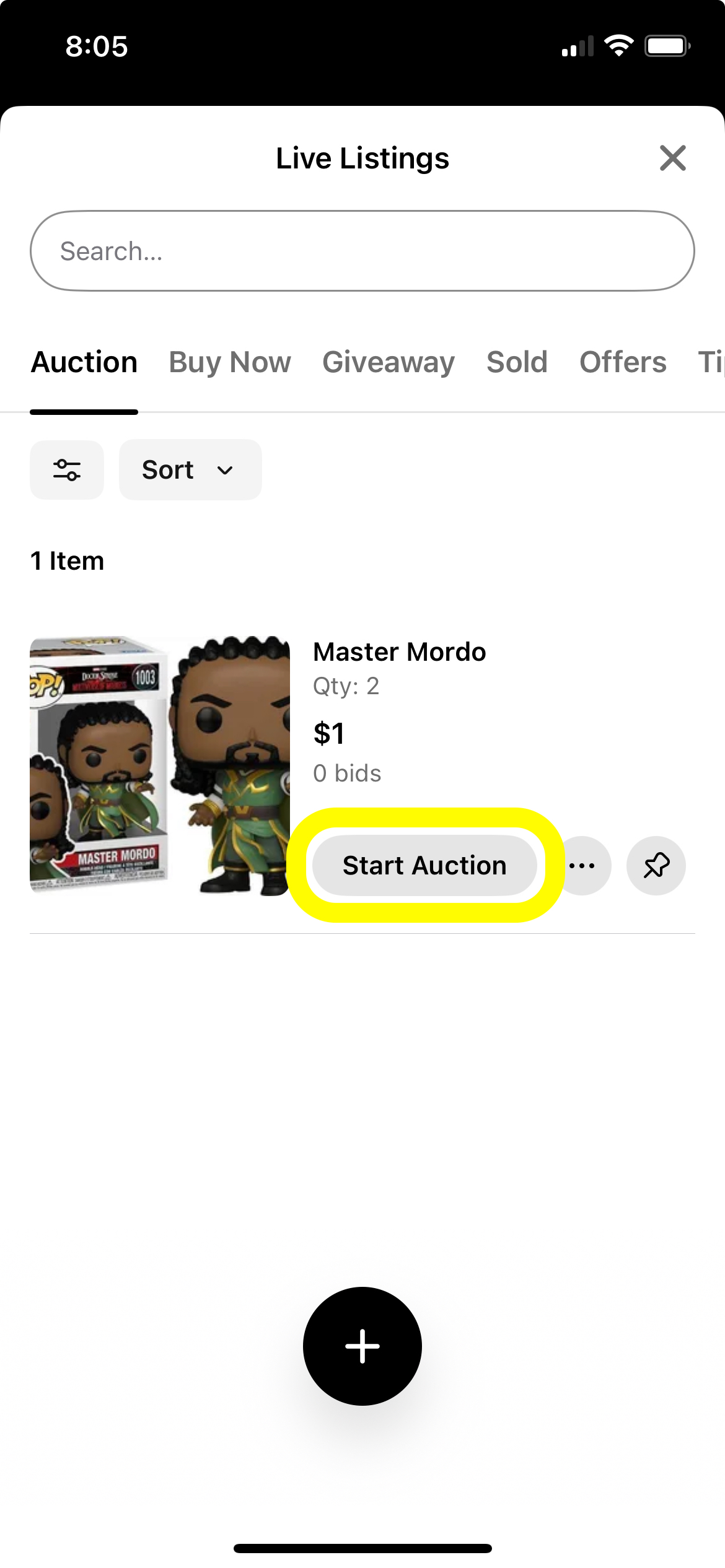 Starting an Auction during a Livestream Whatnot