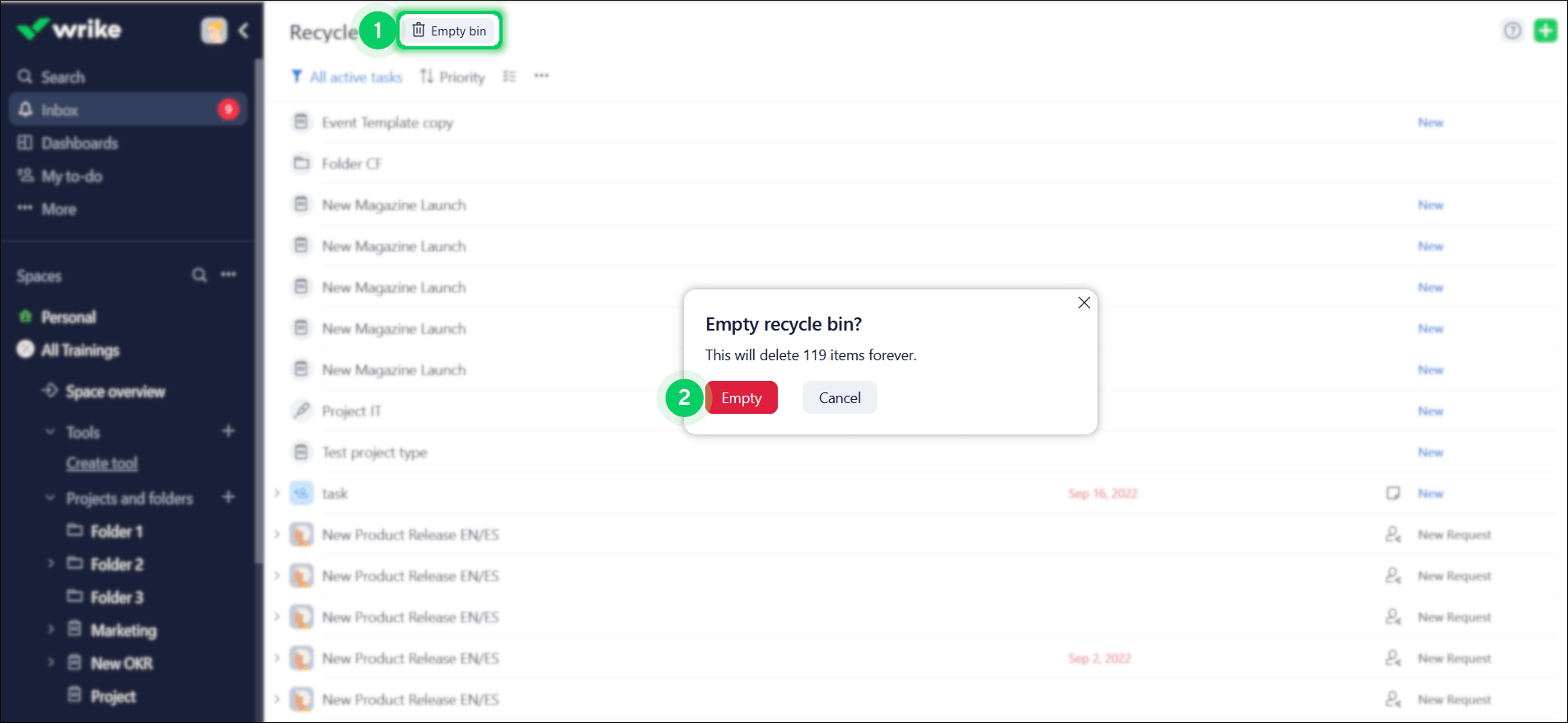 Emptying Recycle Bin Wrike Help Center