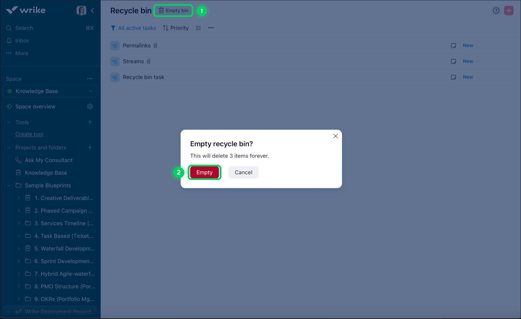 Emptying Recycle Bin Wrike Help Center