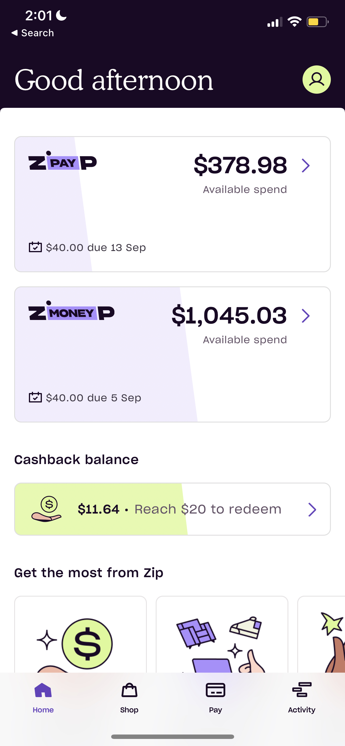 What is my payout figure for my Zip account? Help Centre