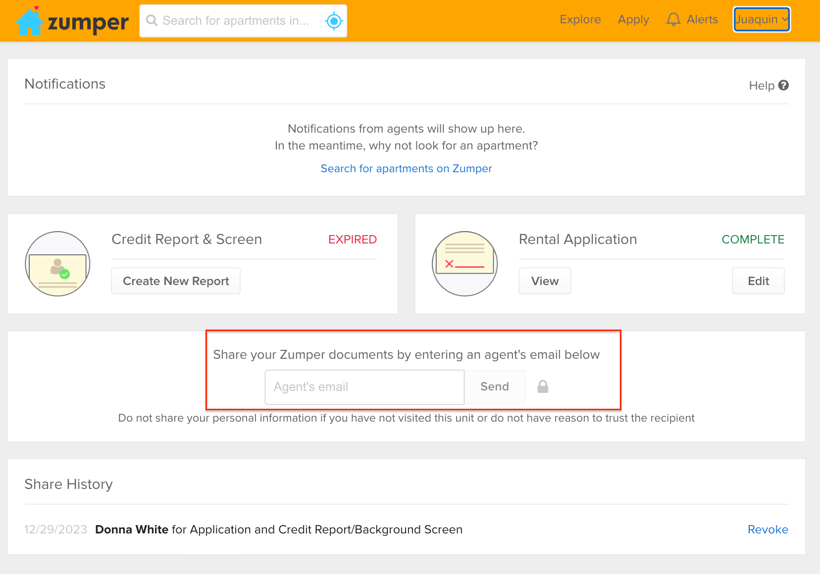 How do I share my screening report / application? Zumper