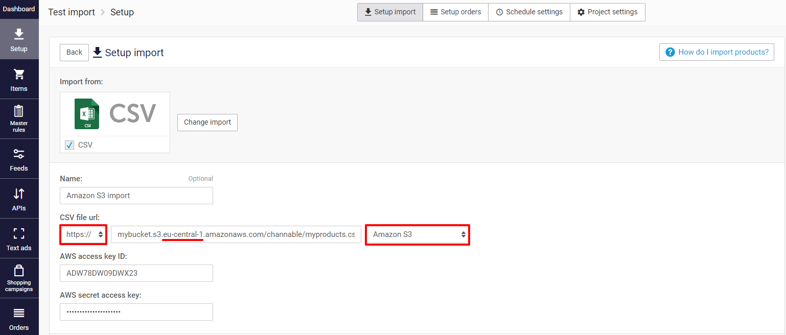 Importing items from an Amazon AWS S3 server Channable