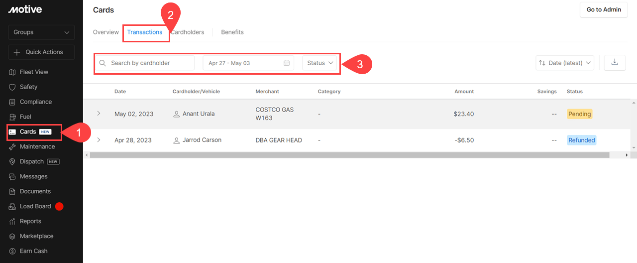 How to check Motive Fuel Card Transactions Motive Help Center