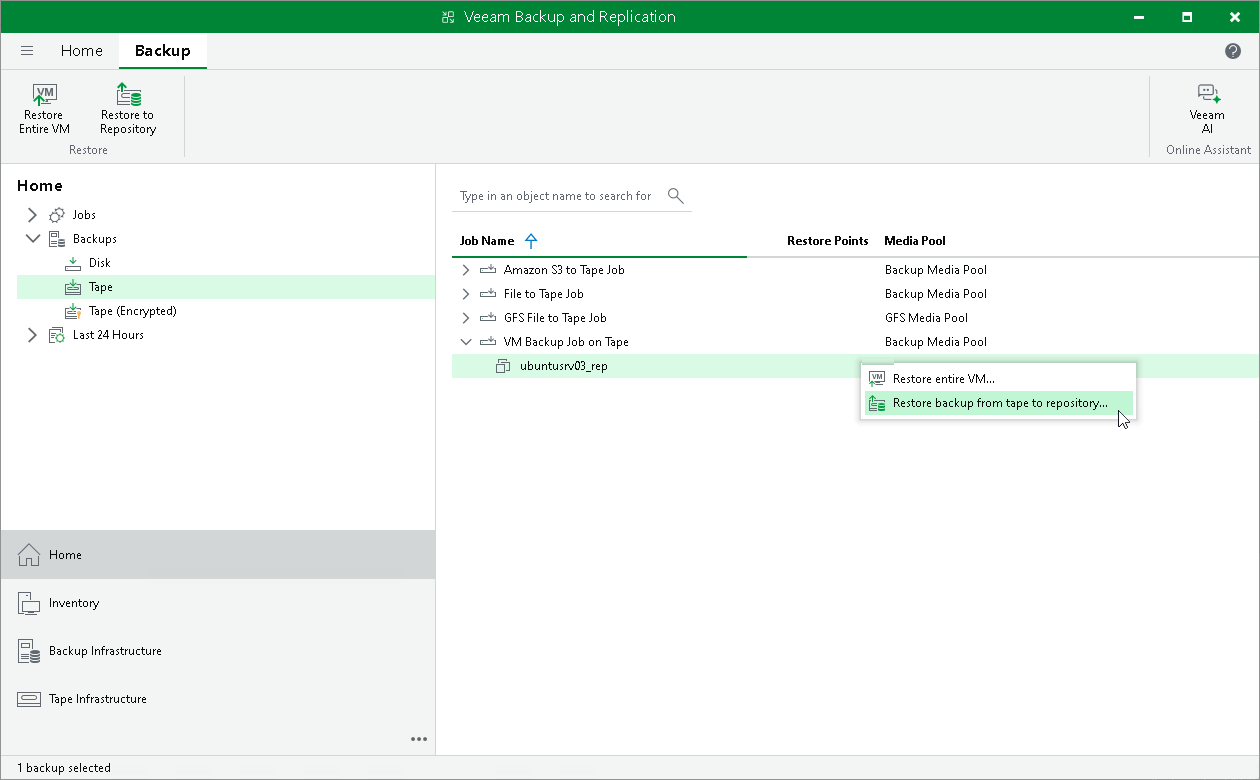 Step 1. Launch Restore Backup from Tape to Repository Wizard User