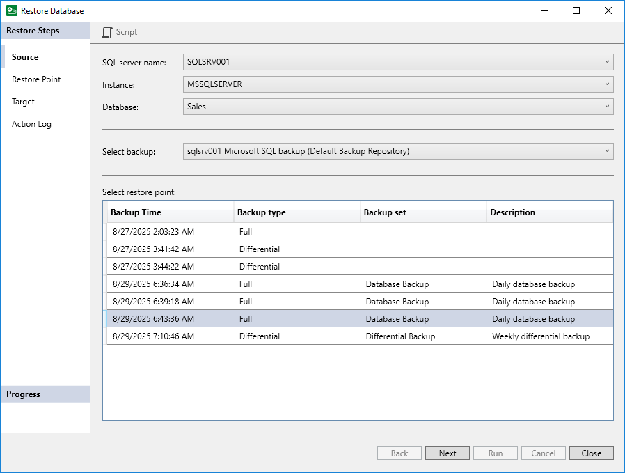 Step 2. Select Database to Restore Veeam Plugins for Enterprise Applications