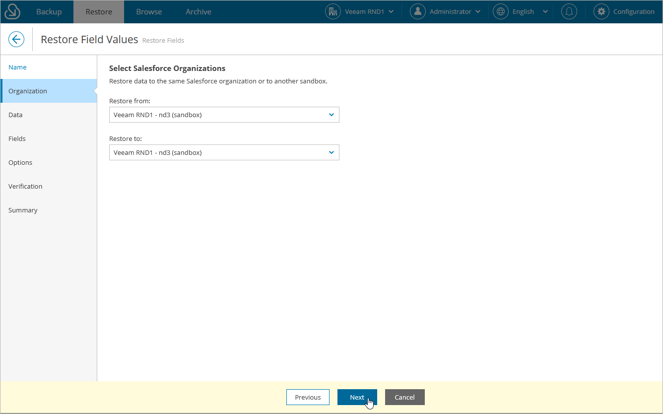 Step 3. Select Organization Veeam Backup for Salesforce User Guide