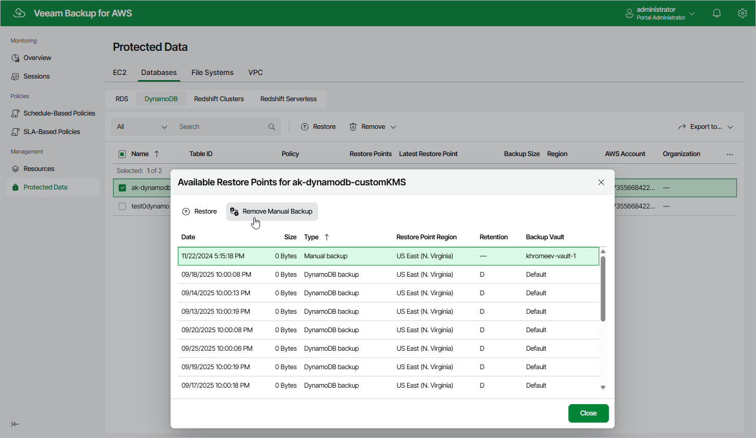 Removing DynamoDB Backups Created Manually Veeam Backup for AWS Guide