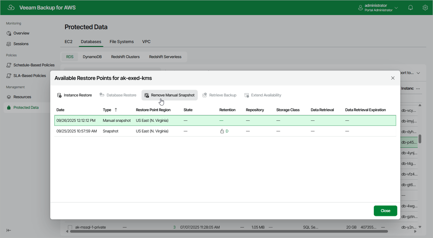 Removing RDS Snapshots Created Manually Veeam Backup for AWS Guide