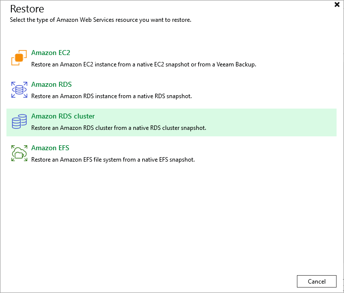 Step 1. Launch Restore Amazon RDS Cluster Wizard Veeam Backup for AWS