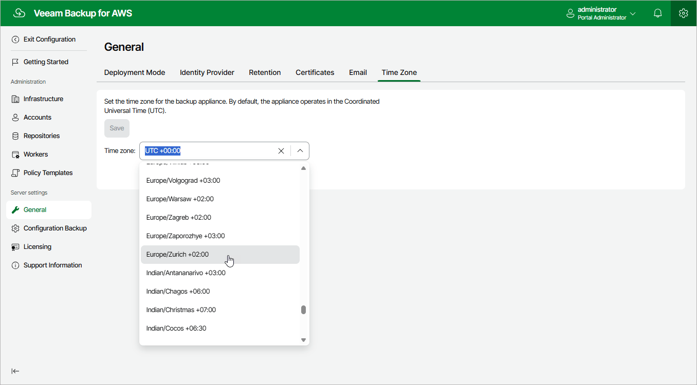 Changing Time Zone Veeam Backup for AWS Guide