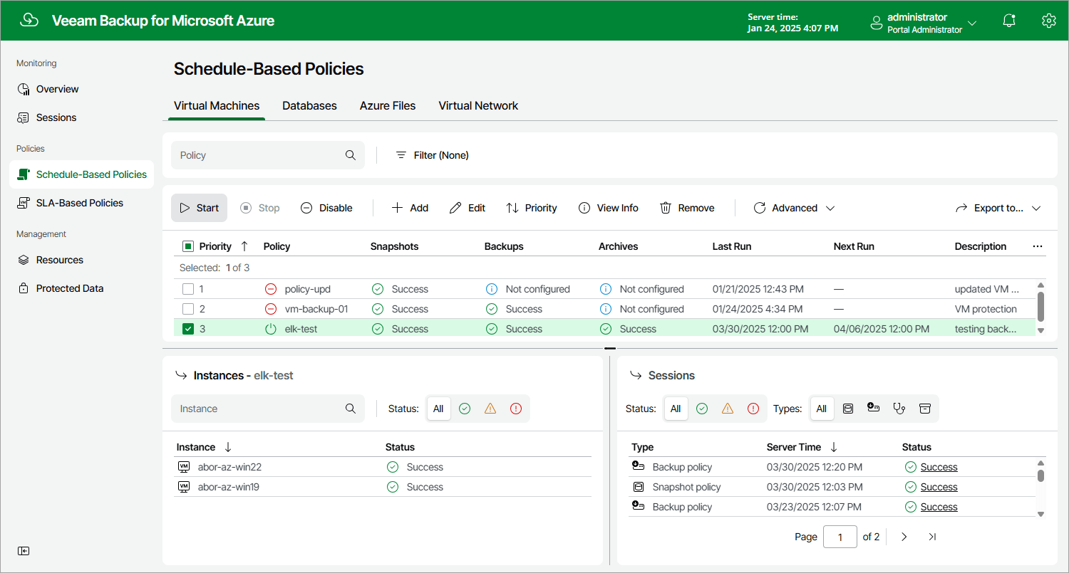 Starting and Stopping Backup Policies Veeam Backup for Microsoft