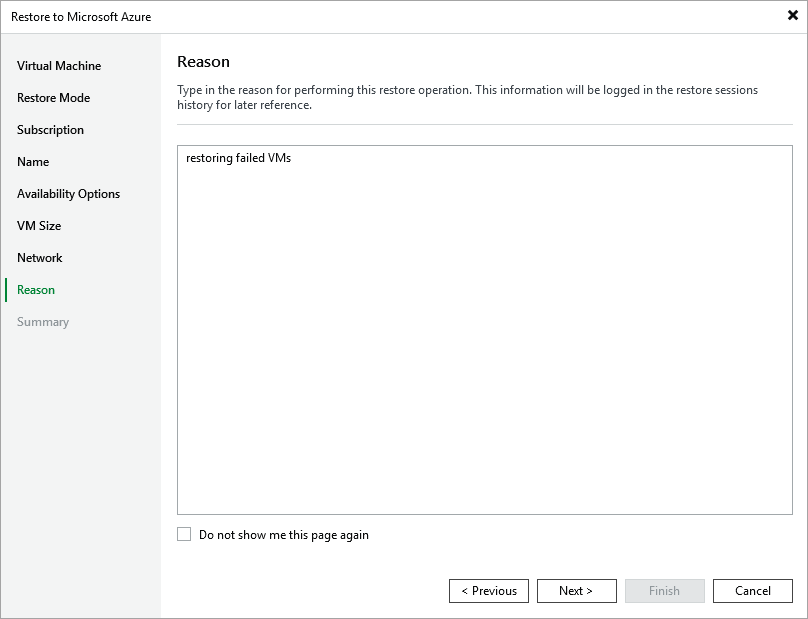 Step 9. Specify Restore Reason Veeam Backup for Microsoft Azure Guide