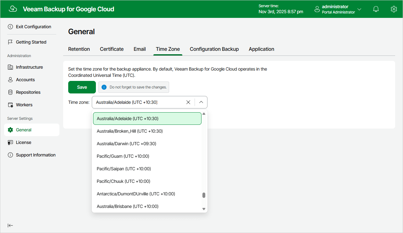Changing Time Zone Veeam Backup for Google Cloud User Guide