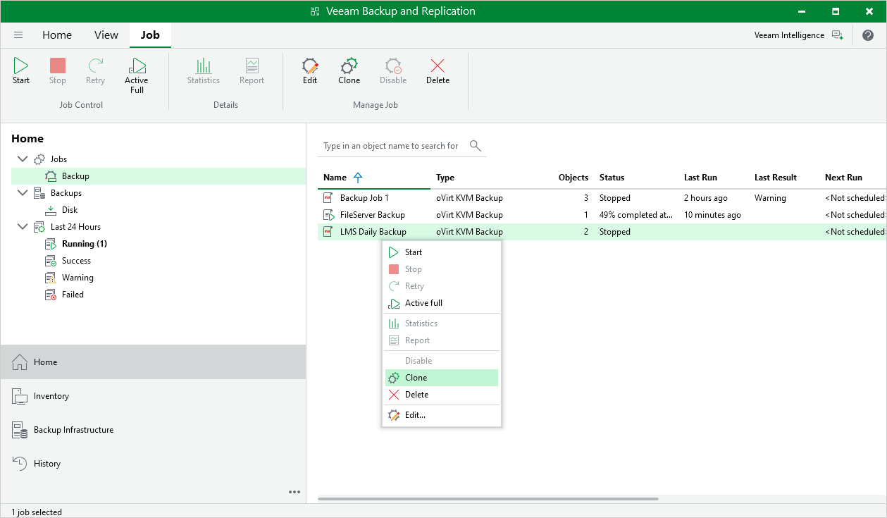 Cloning Backup Jobs Veeam Backup for Oracle Linux Virtualization