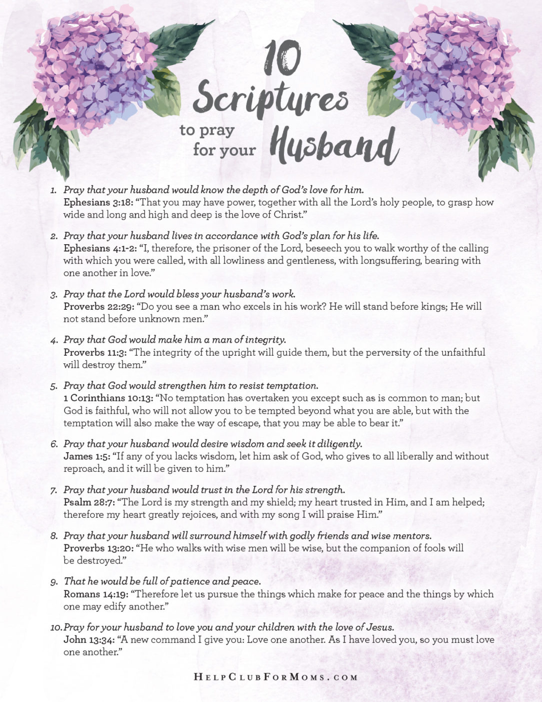 10 Scriptures to Pray for Your Husband Printable! Help Club for Moms