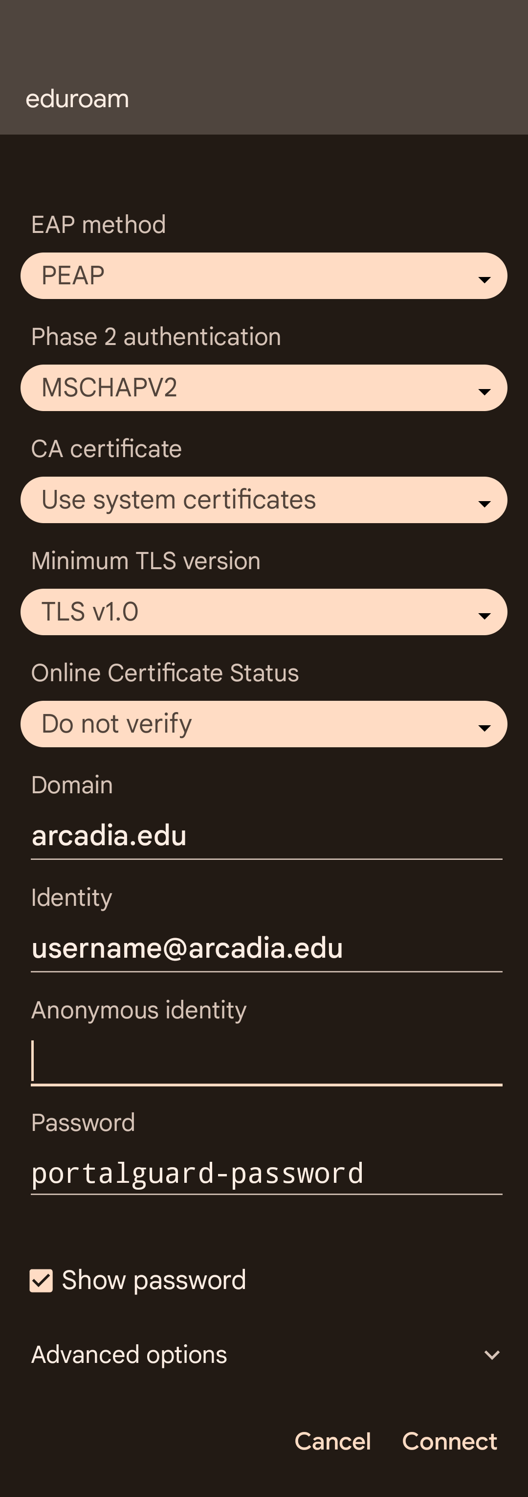 How to Connect Android Phone to Eduroam Arcadia University
