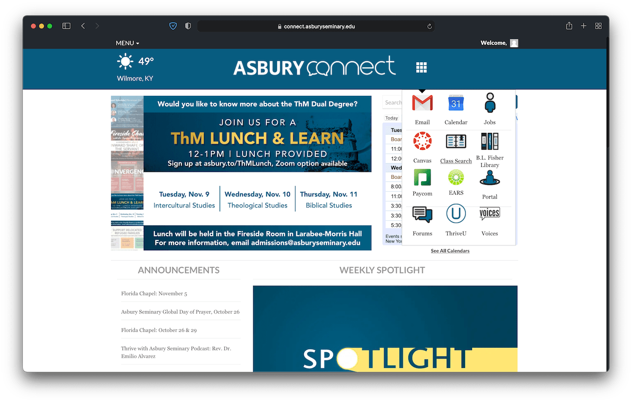 How to access Class Search via Asbury Connect.