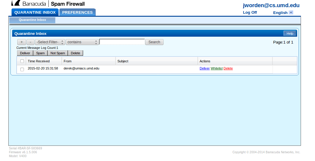 Filtering Spam with Barracuda UMD Department of Computer Science
