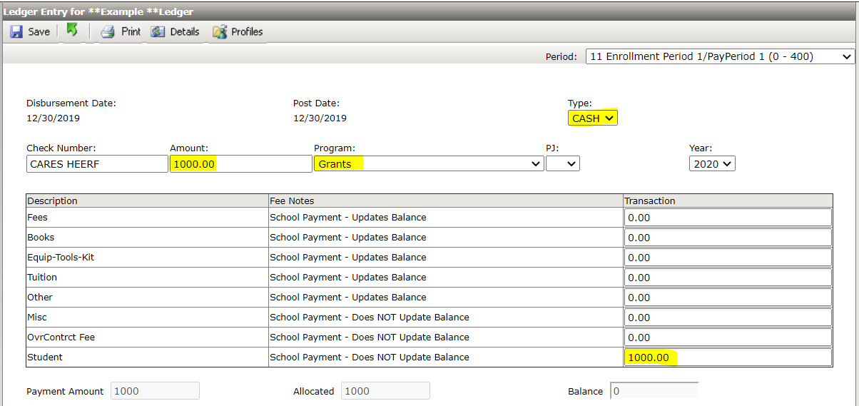 SMART Helpdesk CARES HEERF Ledger Posting Knowledge base