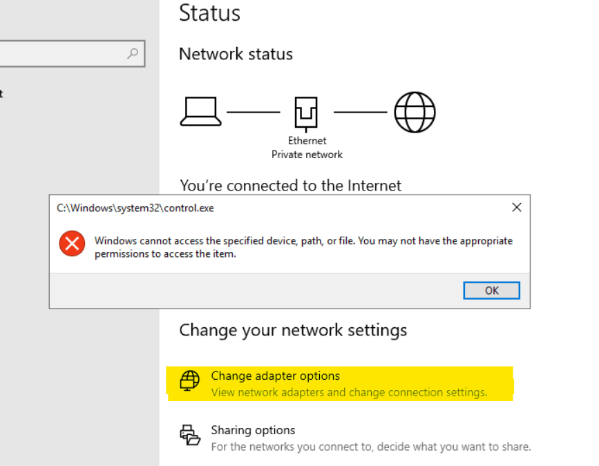 Settings app errors with 'cannot access specified device, path or file
