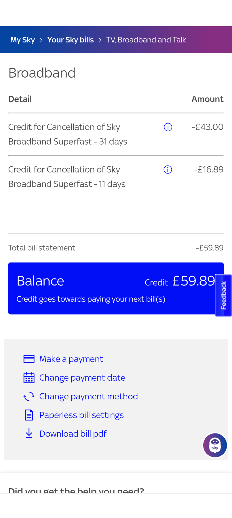 Credit on account Sky Community