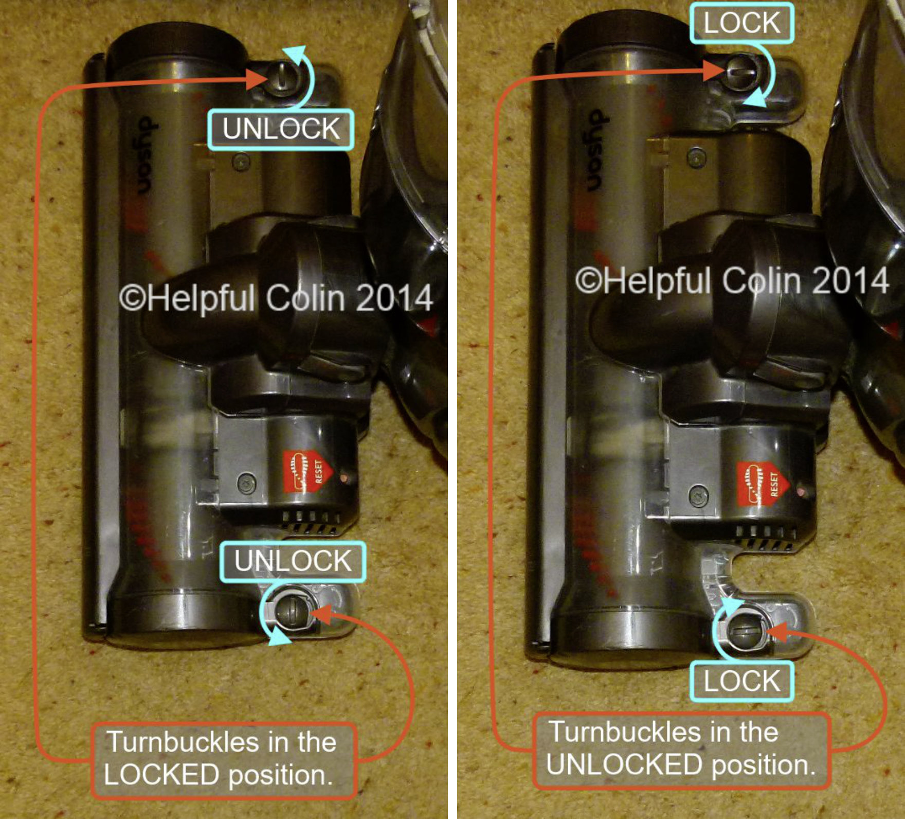 Dyson Slim DC18 Cleaner Head. LEFT: How to unlock the turnbuckles. RIGHT: How to lock the turnbuckles.