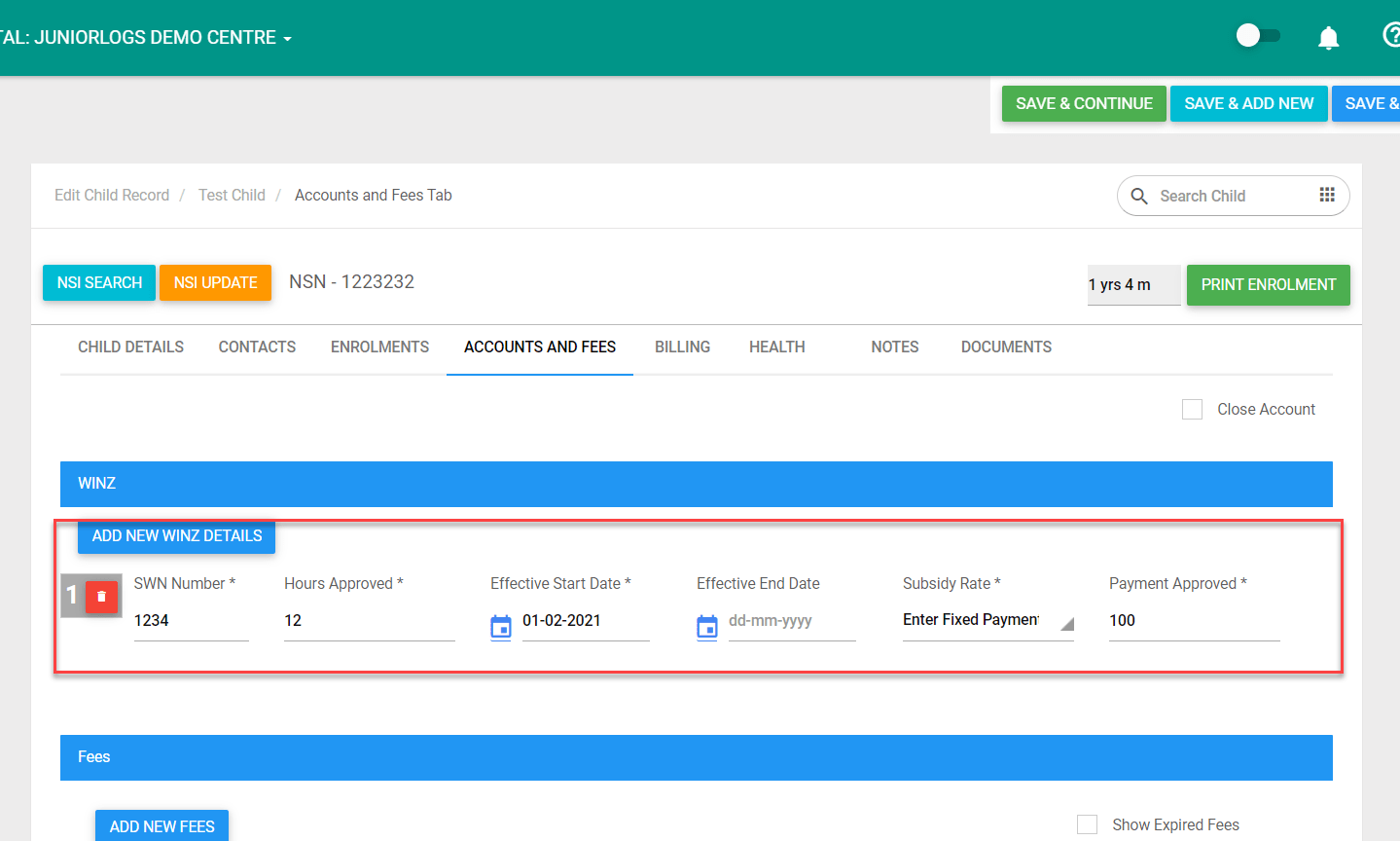 WINZ Creation and Invoicing Juniorlogs Student Management System