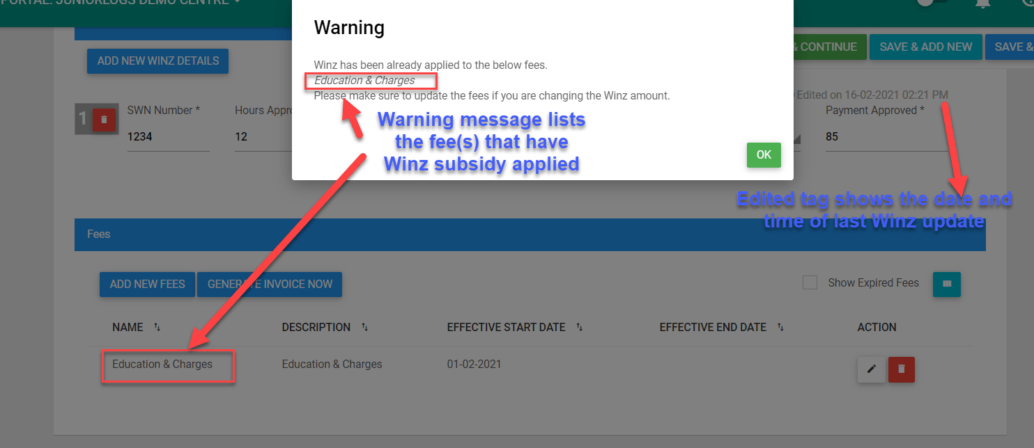 WINZ Creation and Invoicing Juniorlogs Student Management System
