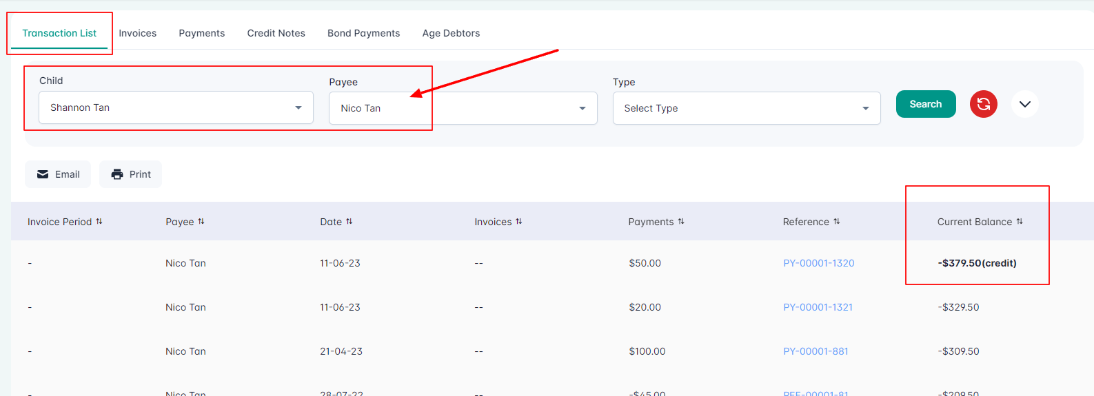 Transaction list report/ Account statements Juniorlogs Student