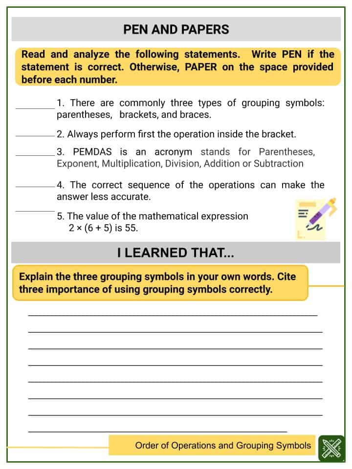 Order of Operations and Grouping Symbols 5th Grade Math Worksheet