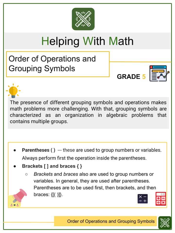 Order of Operations and Grouping Symbols 5th Grade Math Worksheet