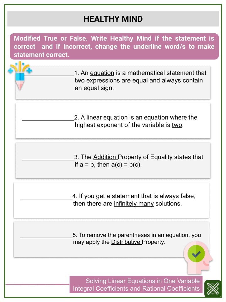 Solving Linear Equations in One Variable Integral Coefficients Worksheets