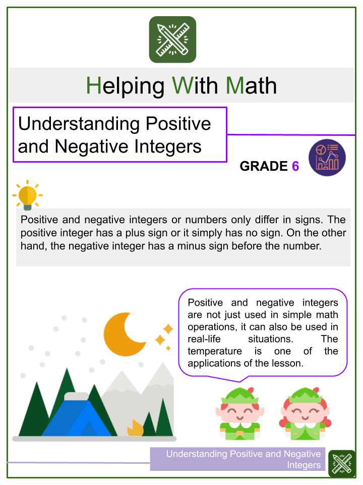 Understanding Positive and Negative Integers Grade 6 Math Worksheets