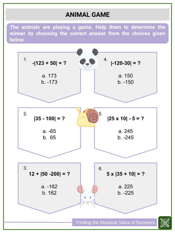 Finding the Absolute Value of Numbers 6th Grade Math Worksheets